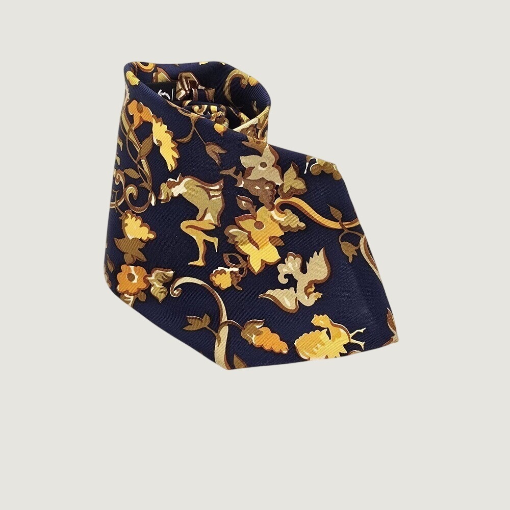 Salvatore Ferragamo Mens Navy Blue Gold Silk Floral Scroll Figural Tie Italy